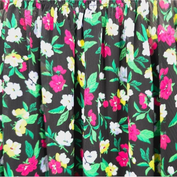 Ann Taylor Floral Balloon Sleeve Top XL Smocked Black Pink Chiffon Feminine - Picture 10 of 15